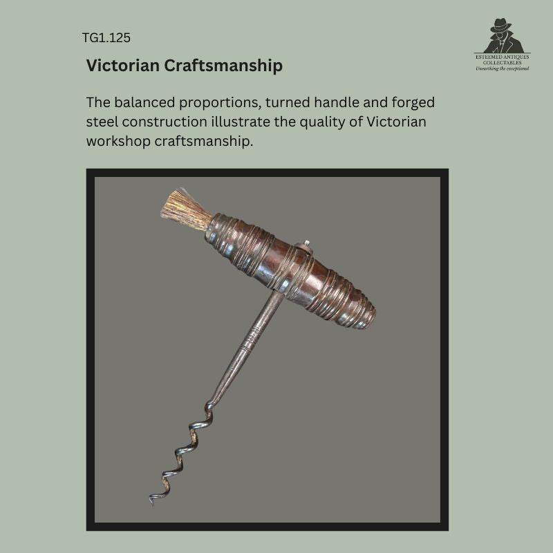 Detail of a Victorian direct pull corkscrew showing the turned hardwood T-handle with integrated natural bristle bottle brush and forged steel worm, England, c.1880–1900.
