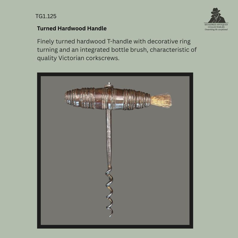 Detail of the finely turned hardwood T-handle on a Victorian direct pull corkscrew, showing decorative ring turning, integrated bottle brush, and steel shank, England, circa 1880–1900.