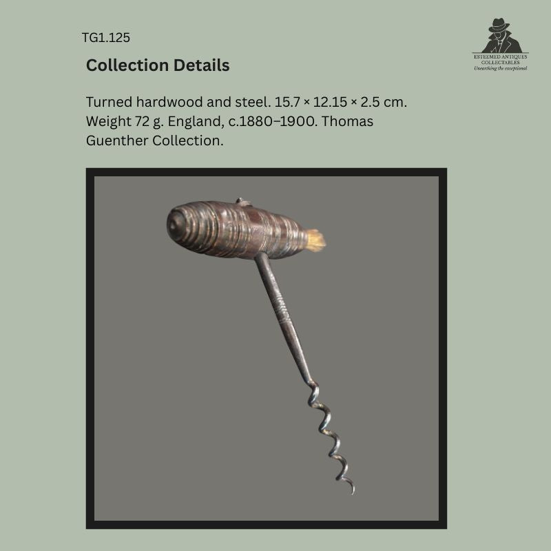 Collection details image showing a Victorian direct pull corkscrew with a turned hardwood handle, steel worm and integral bottle brush, England, c.1880–1900, from the Thomas Guenther Collection.