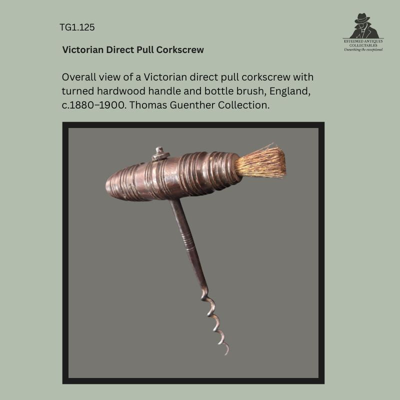 Overall view of a Victorian direct pull corkscrew with a turned hardwood handle, integral bottle brush and steel worm, England, c.1880–1900. Thomas Guenther Collection.
