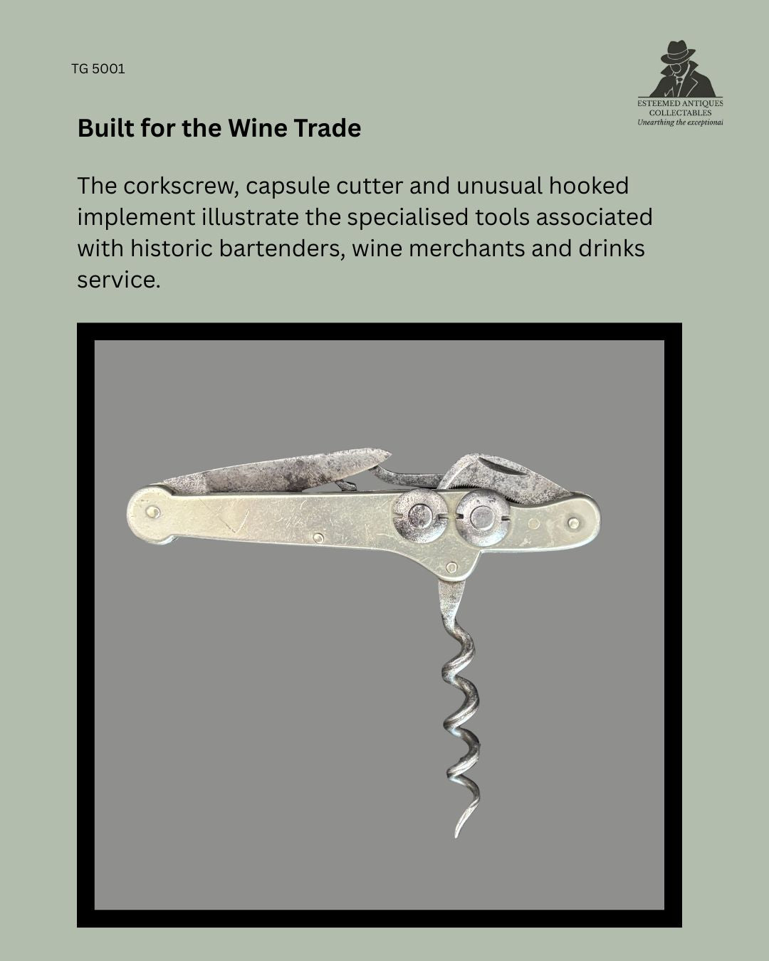 Victorian five-implement bartender's knife with folding corkscrew, capsule cutter, blade and specialised hooked implement, illustrating the multi-function tools used by wine merchants, bartenders and drinks service professionals during the late 19th century.