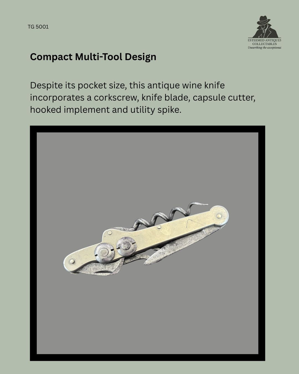 Detail view of a compact Victorian five-implement bartender's knife showing the folding corkscrew, knife blade, capsule cutter, hooked implement and utility spike within a brass-framed pocket multi-tool.