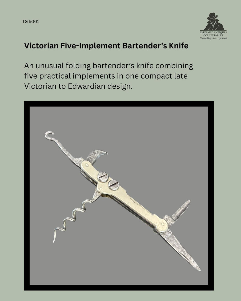 Victorian five-implement folding bartender's knife with steel blade, corkscrew, bottle opener, cap lifter and folding spike, shown open against a neutral background as a late Victorian to Edwardian bar accessory.