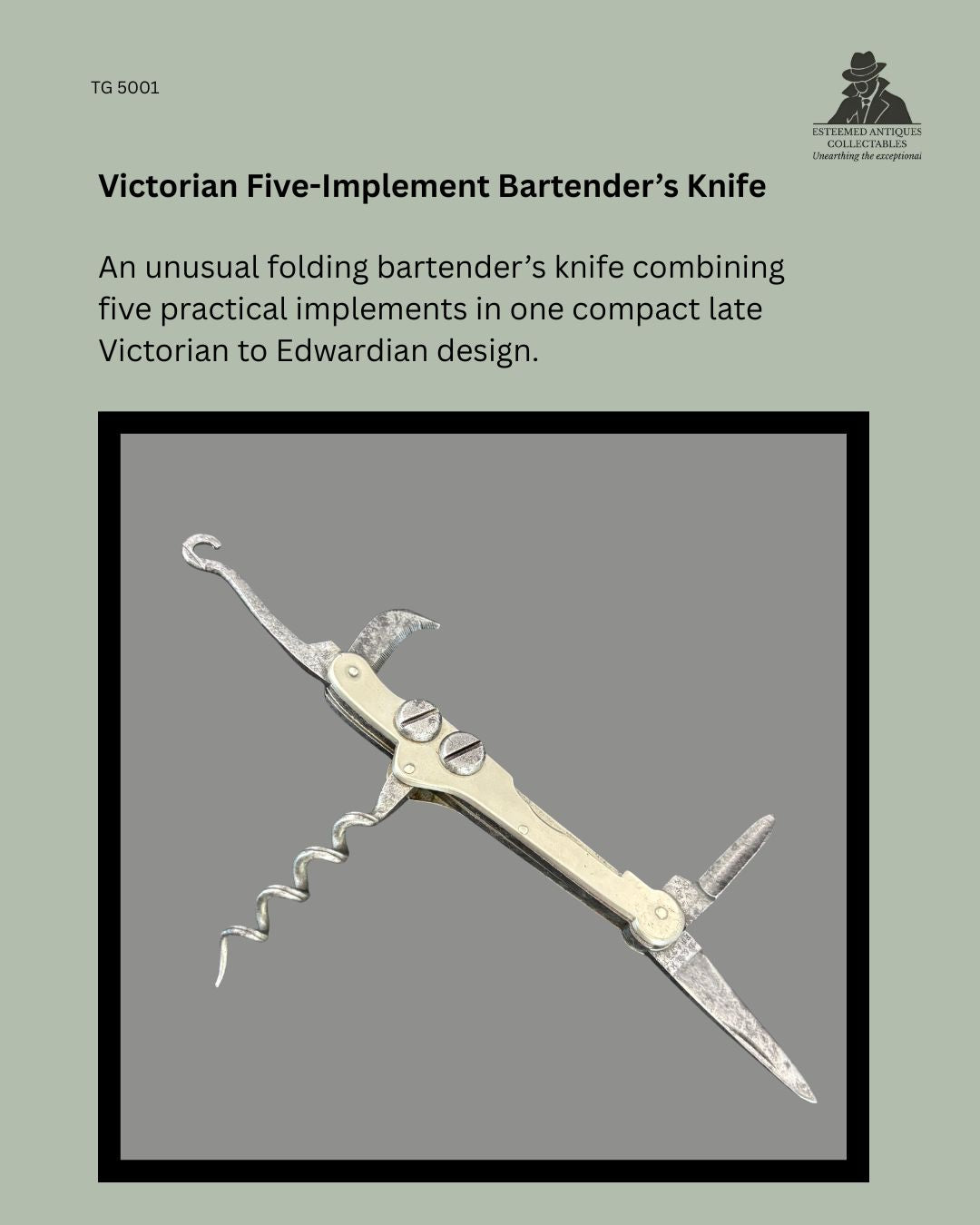 Victorian five-implement folding bartender's knife with steel blade, corkscrew, bottle opener, cap lifter and folding spike, shown open against a neutral background as a late Victorian to Edwardian bar accessory.
