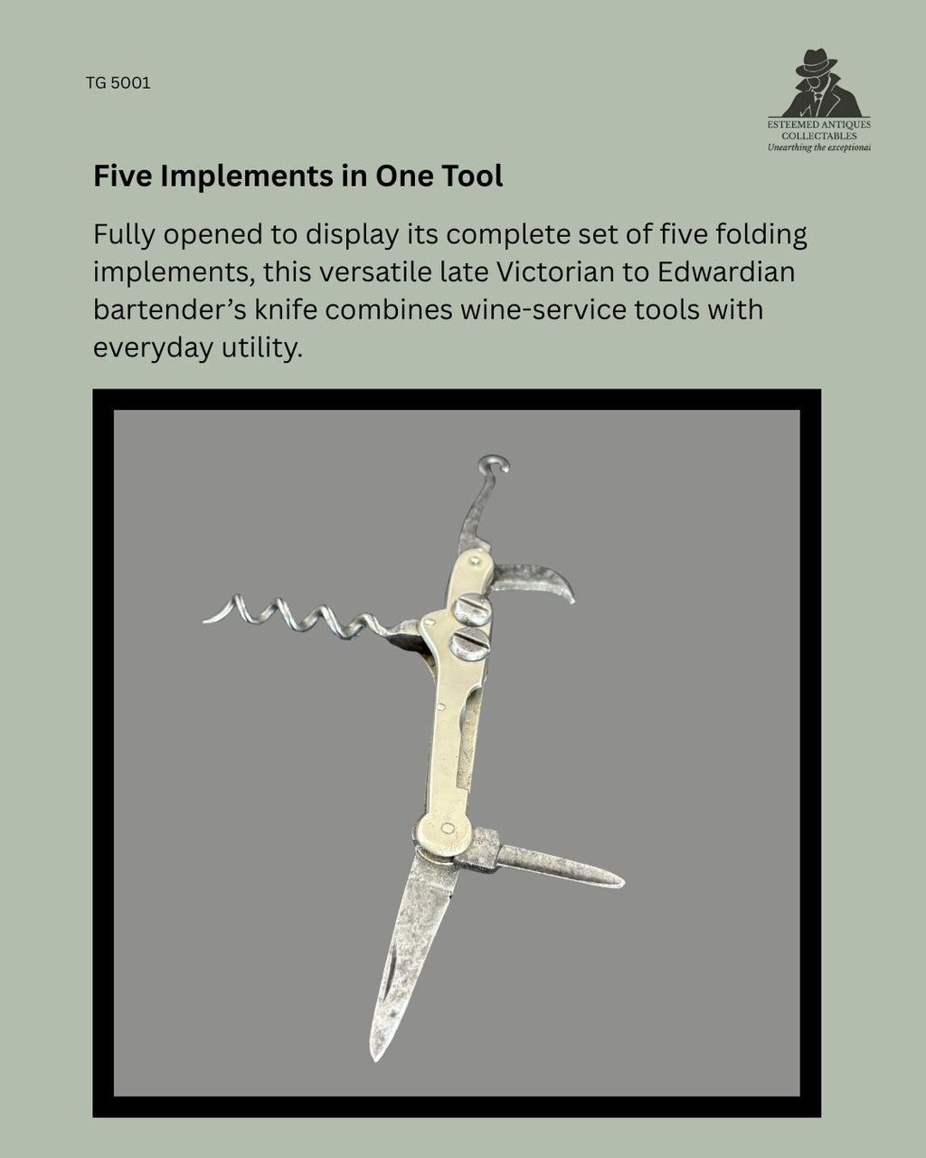Fully opened late Victorian to Edwardian five-implement bartender's knife displaying the folding corkscrew, bottle opener, folding blade, spike and cap lifter, illustrating the complete multifunction pocket tool in polished metal.