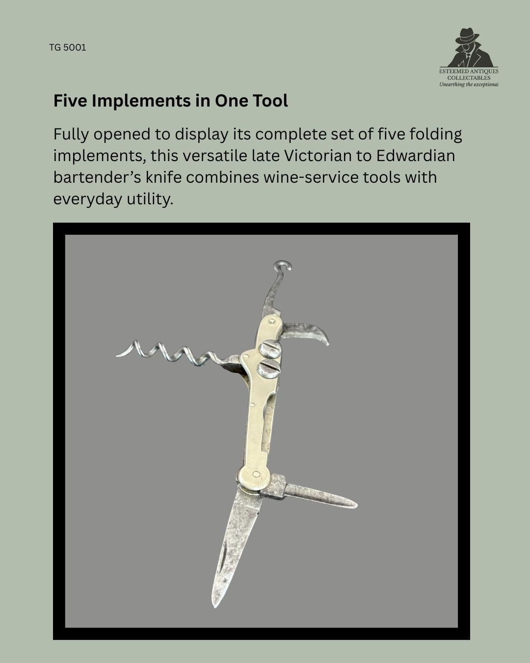Fully opened late Victorian to Edwardian five-implement bartender's knife displaying the folding corkscrew, bottle opener, folding blade, spike and cap lifter, illustrating the complete multifunction pocket tool in polished metal.