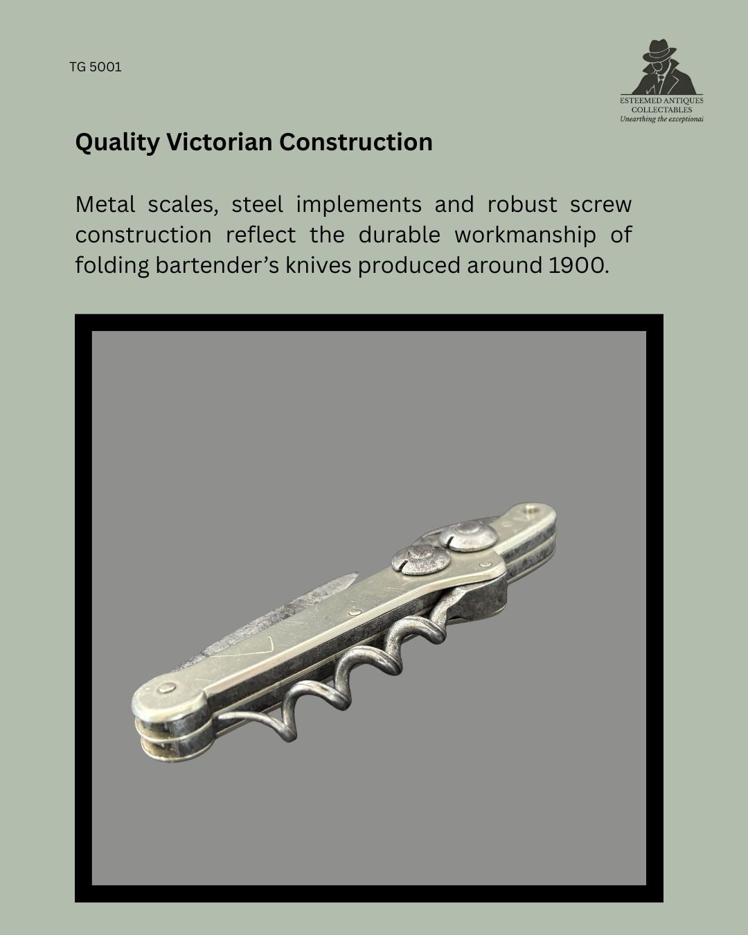 Close-up of the steel frame, folded blade, worm and metal scales of a Victorian five-implement bartender's knife, illustrating the robust screw-fastened construction and durable engineering typical of circa 1900 pocket bar tools.