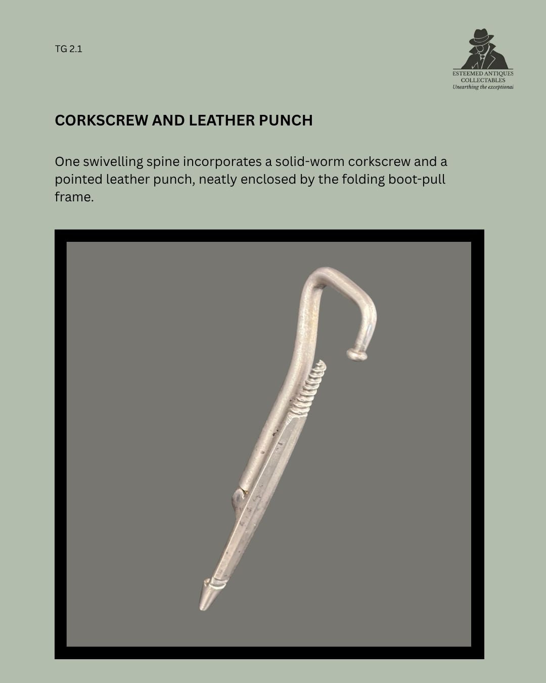 English Victorian polished-steel folding boot pull with its swivelling solid-worm corkscrew and pointed leather punch extended, circa 1870–1900.