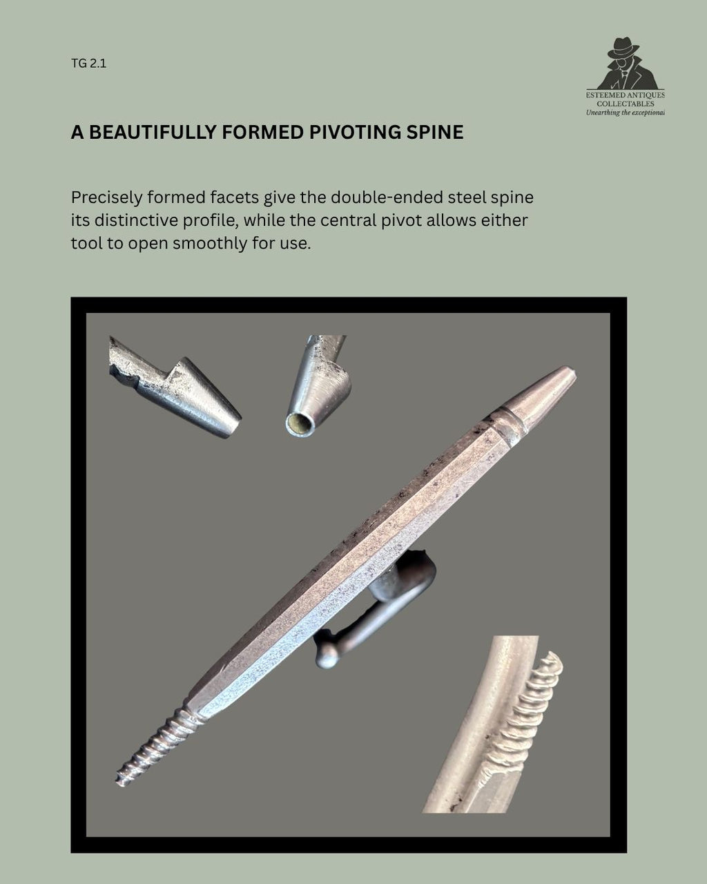 Catalogue panel showing detailed views of the faceted double-ended pivoting steel spine, solid corkscrew worm and central hinge of an English Victorian folding boot-pull combination tool, circa 1870–1900.