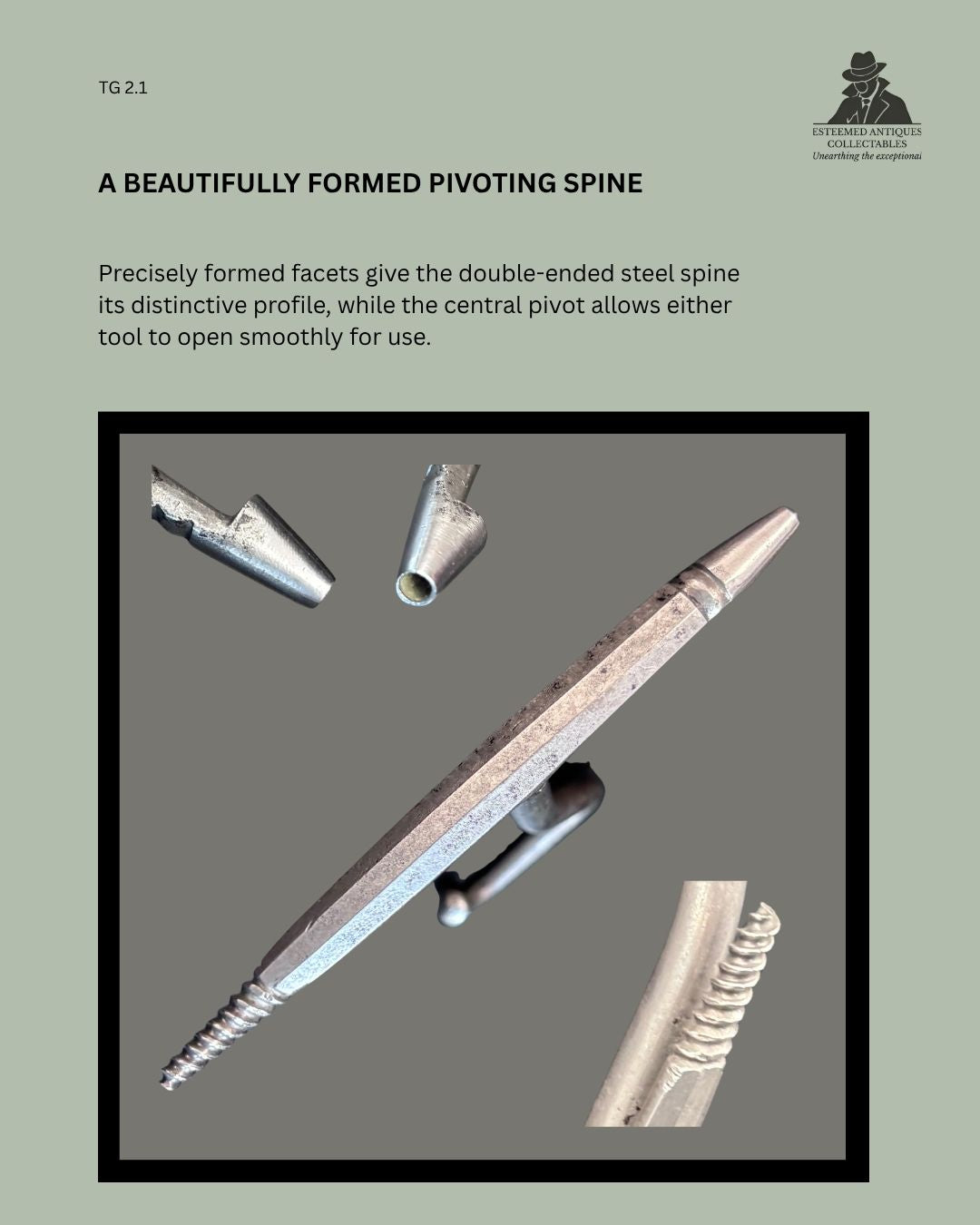 Catalogue panel showing detailed views of the faceted double-ended pivoting steel spine, solid corkscrew worm and central hinge of an English Victorian folding boot-pull combination tool, circa 1870–1900.