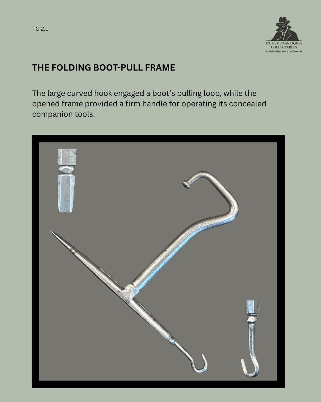 Catalogue panel showing the curved folding boot-pull frame and pivoted companion tools of an English Victorian polished-steel combination set, circa 1870–1900.