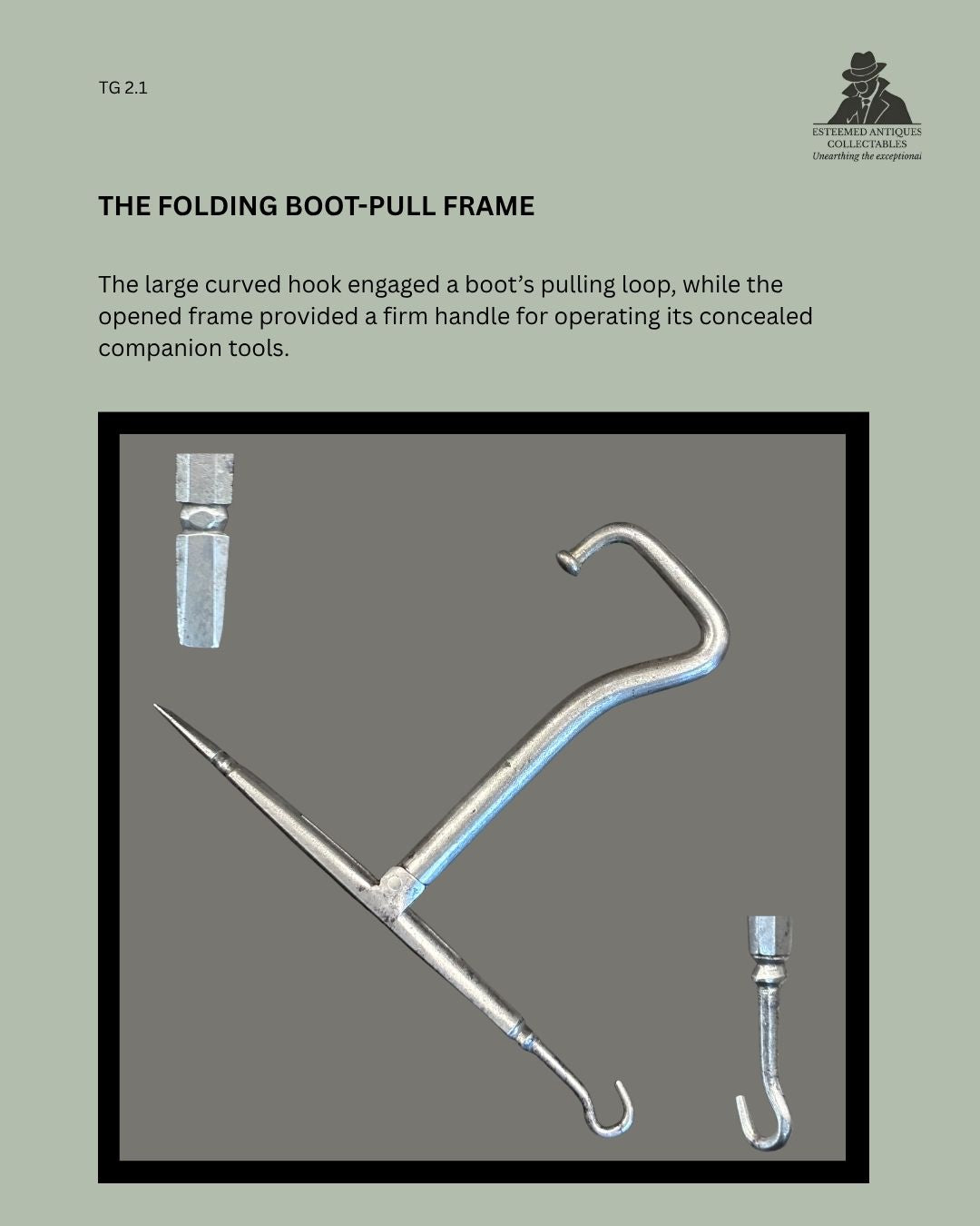 Catalogue panel showing the curved folding boot-pull frame and pivoted companion tools of an English Victorian polished-steel combination set, circa 1870–1900.