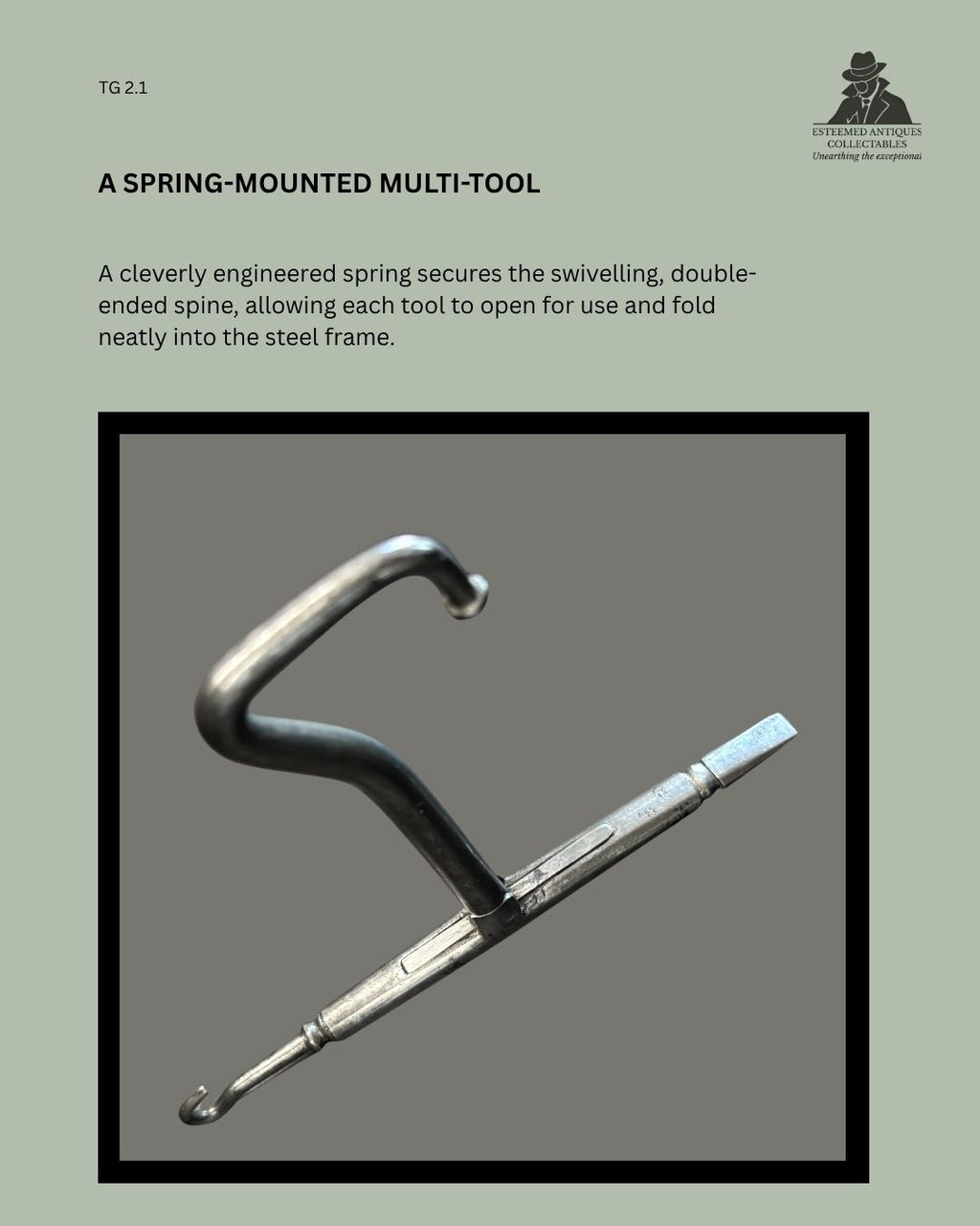 English Victorian polished-steel boot pull opened to show the spring-mounted, double-ended spine incorporating a button hook and screwdriver, circa 1870–1900.