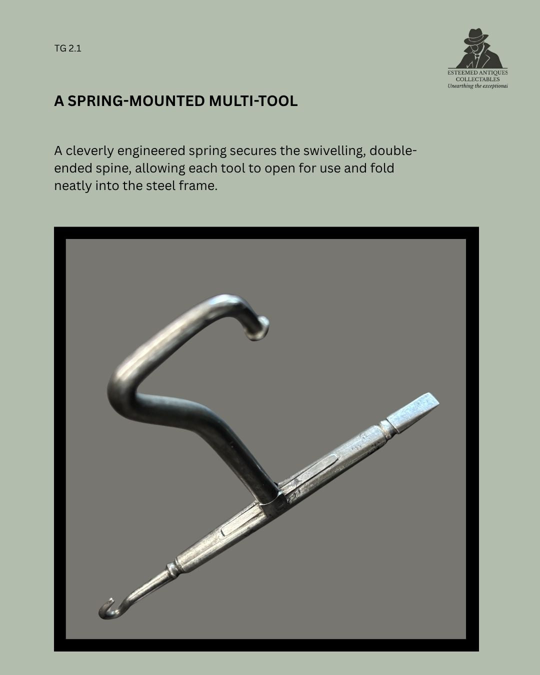 English Victorian polished-steel boot pull opened to show the spring-mounted, double-ended spine incorporating a button hook and screwdriver, circa 1870–1900.