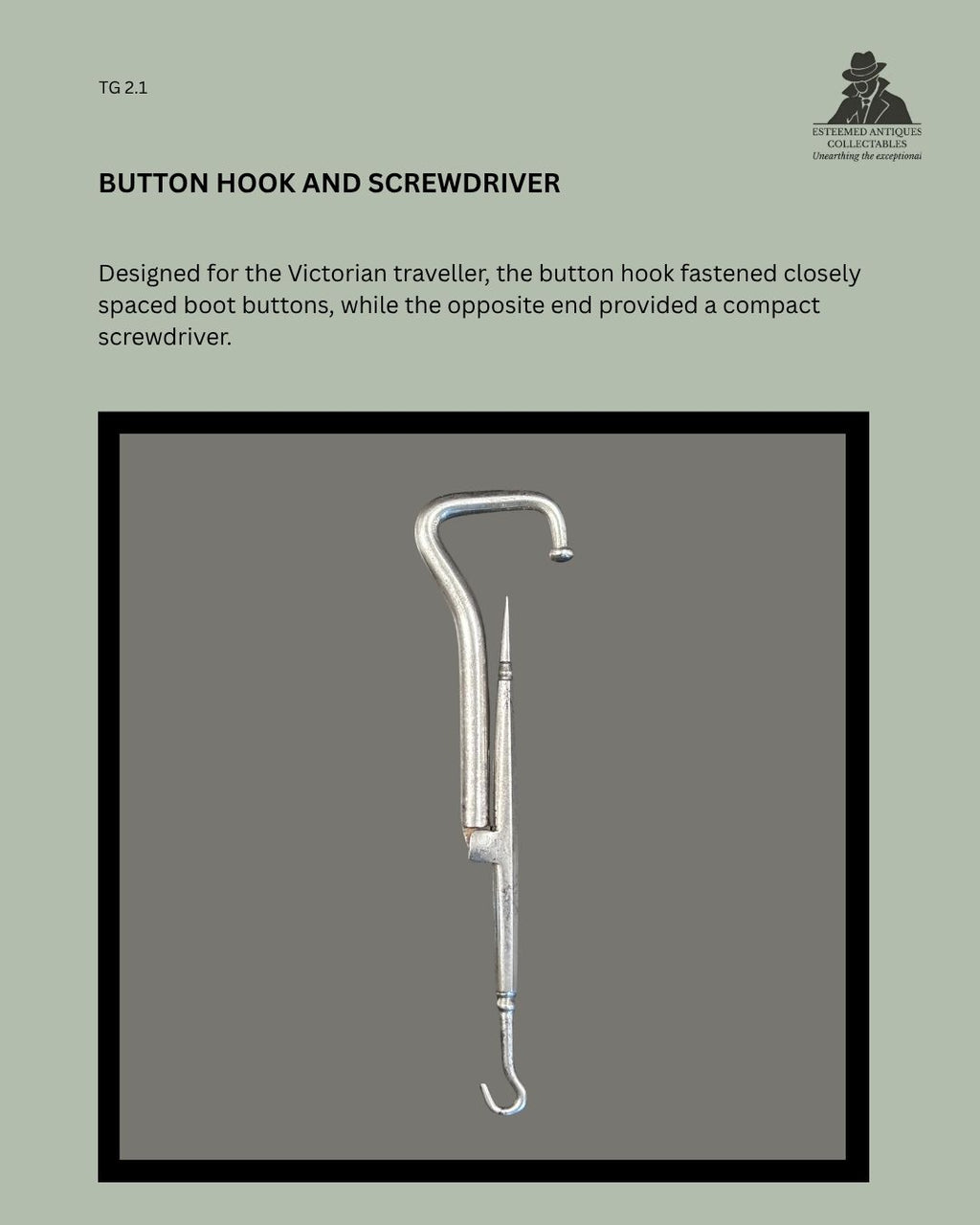 Catalogue panel showing an English Victorian polished-steel folding boot pull with integrated button hook and screwdriver, circa 1870–1900.