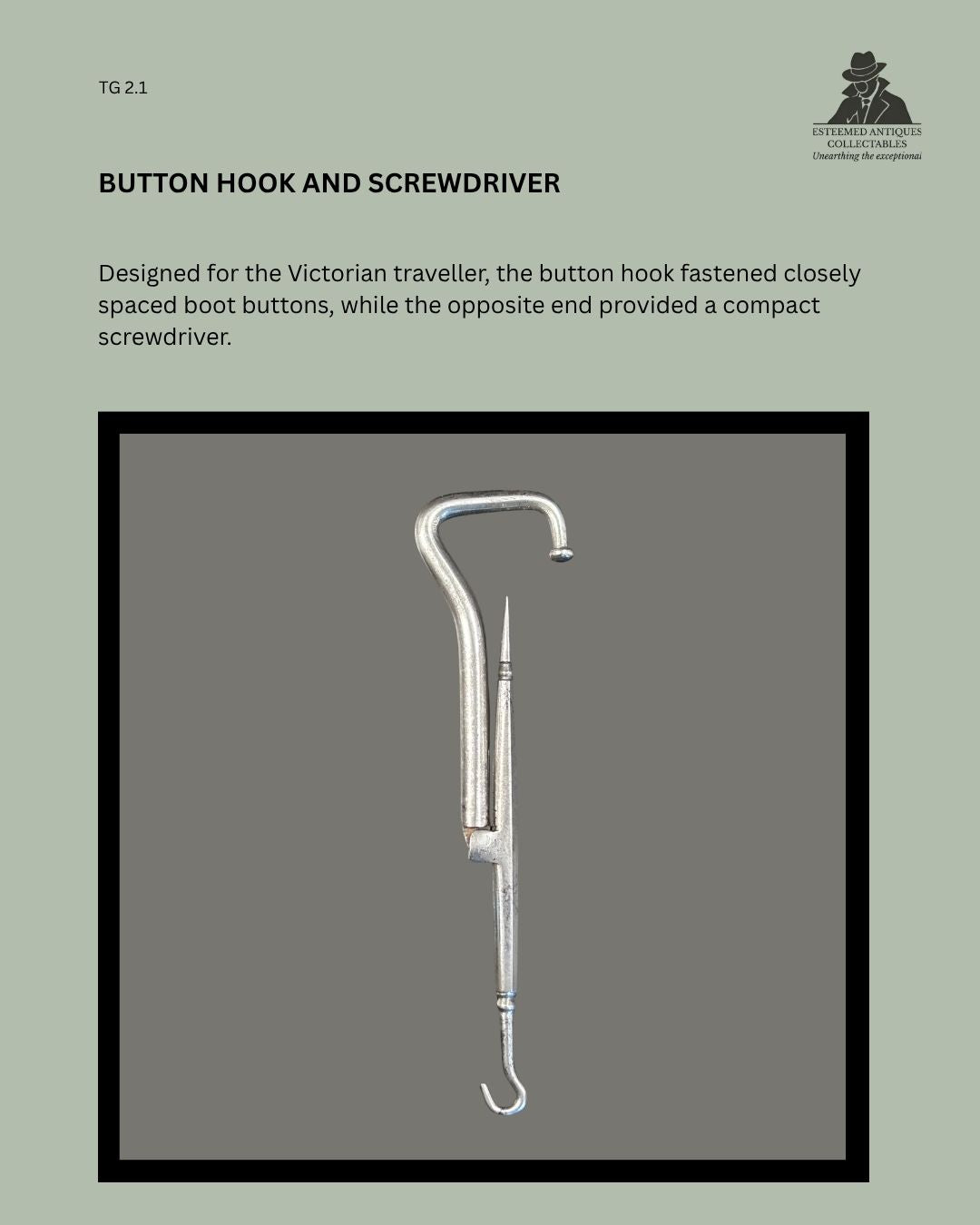 Catalogue panel showing an English Victorian polished-steel folding boot pull with integrated button hook and screwdriver, circa 1870–1900.