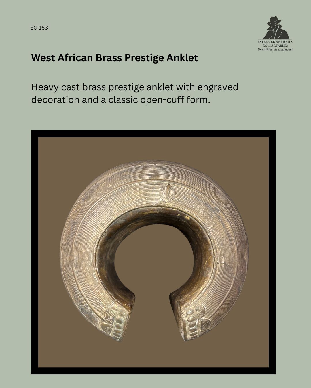Heavy cast brass prestige anklet from West Africa with an open-cuff form, finely engraved concentric decoration and raised terminal ornamentation, traditionally worn as a symbol of status and wealth.
