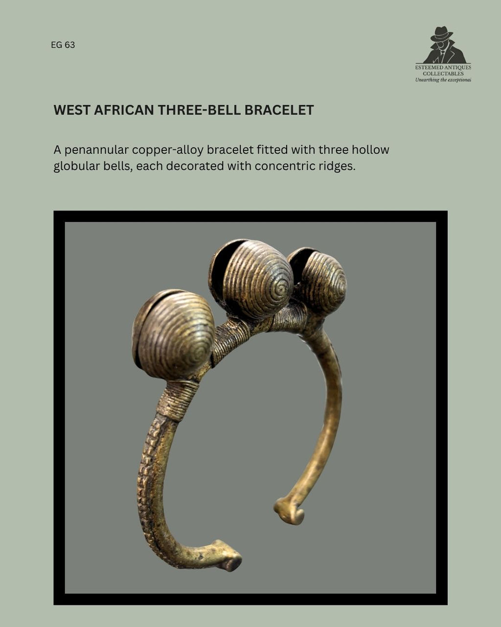 Catalogue panel showing West African penannular copper-alloy bracelet EG 63, fitted with three hollow globular bells decorated with concentric ridges.