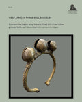 Catalogue panel showing West African penannular copper-alloy bracelet EG 63, fitted with three hollow globular bells decorated with concentric ridges.