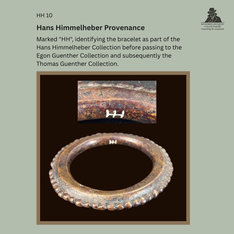 Detail view of the incised "HH" collection mark on a West African lost-wax cast bronze bracelet, identifying the object as originating from the Hans Himmelheber Collection before passing to the Egon Guenther Collection and subsequently the Thomas Guenther Collection.