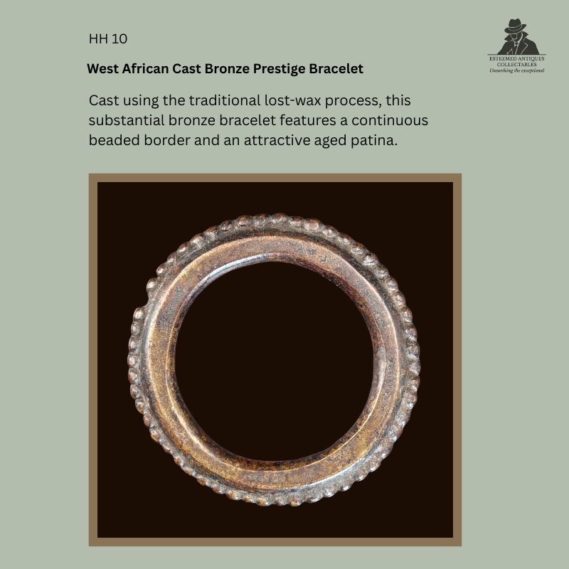 West African cast bronze prestige bracelet with continuous beaded border, produced using the traditional lost-wax casting technique and displaying a rich aged patina, from the Hans Himmelheber Collection, later the Egon Guenther Collection and by family descent to the Thomas Guenther Collection.