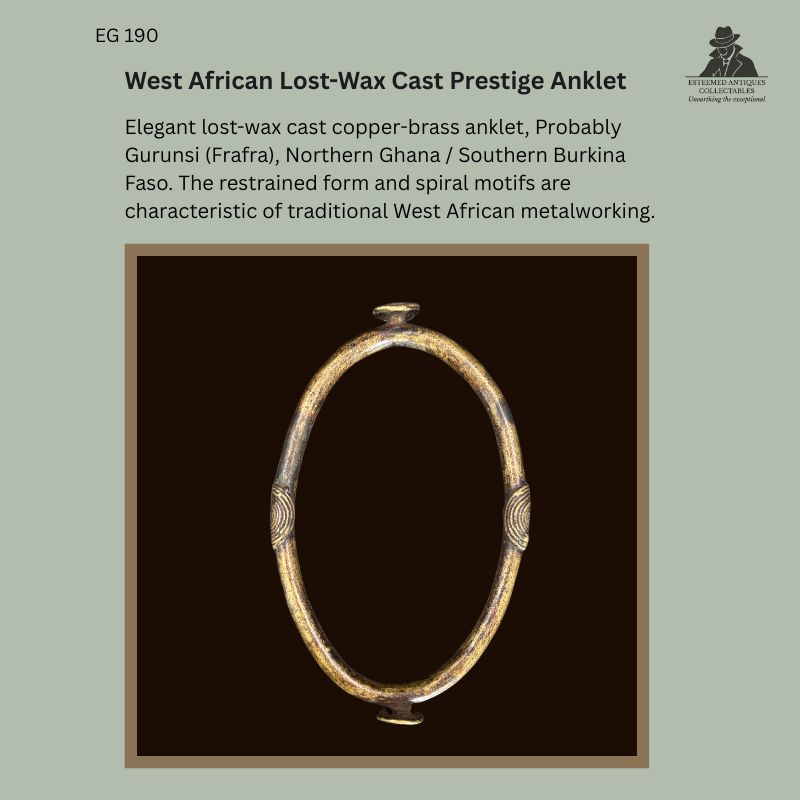 West African lost-wax cast copper-brass prestige anklet, probably Gurunsi (Frafra), Northern Ghana or Southern Burkina Faso, early 20th century, with spiral decorative motifs and documented Egon Guenther Collection provenance.