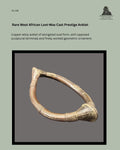 West African lost-wax cast copper-alloy prestige anklet of elongated oval form, showing opposed sculptural terminals and finely worked geometric ornament, early 20th century, Egon Guenther Collection.