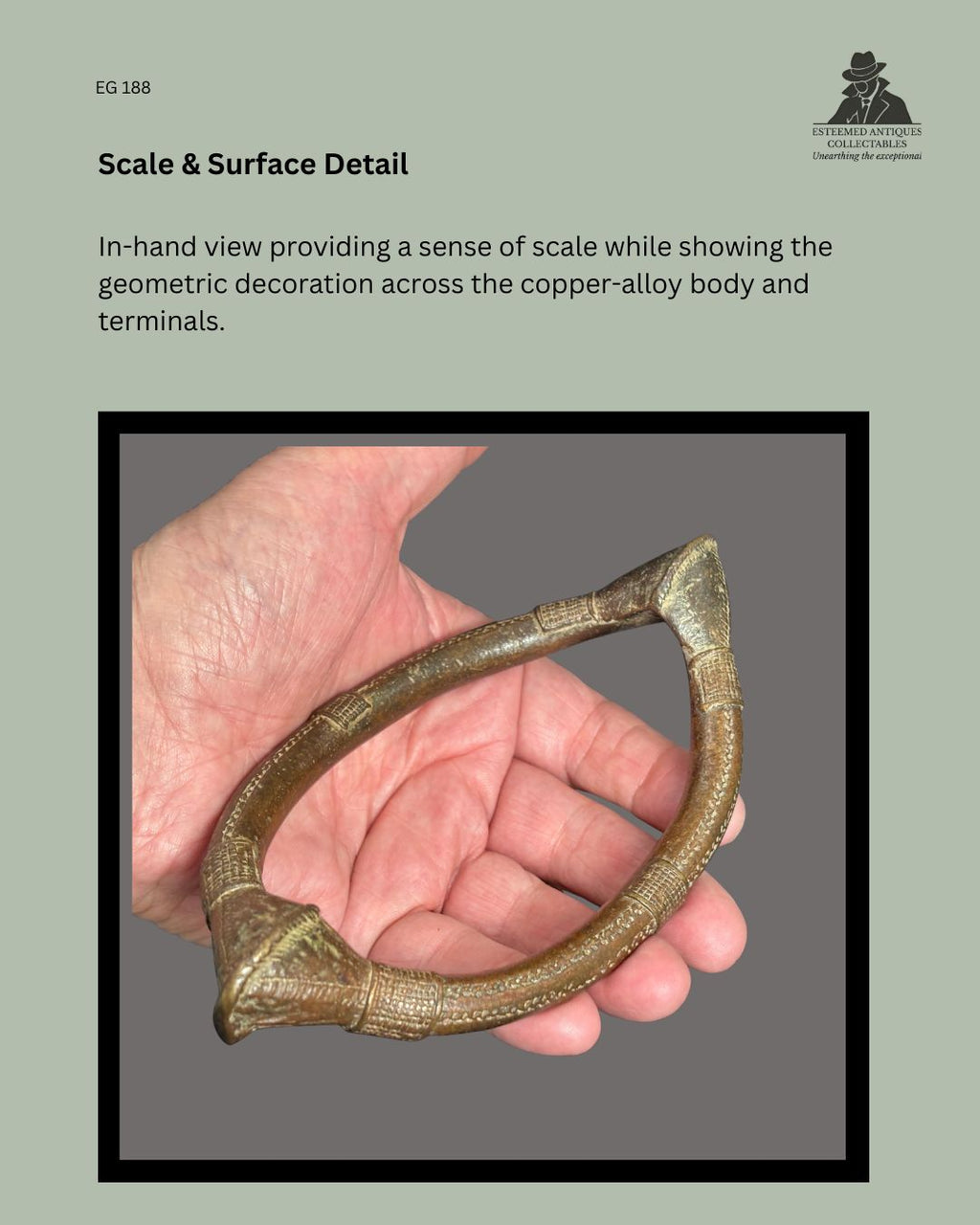 In-hand scale view of West African lost-wax cast copper-alloy prestige anklet EG 188, showing the oval body, opposing flared terminals, incised geometric decoration and aged surface patina.