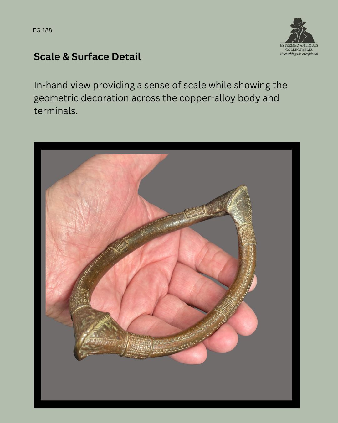In-hand scale view of West African lost-wax cast copper-alloy prestige anklet EG 188, showing the oval body, opposing flared terminals, incised geometric decoration and aged surface patina.