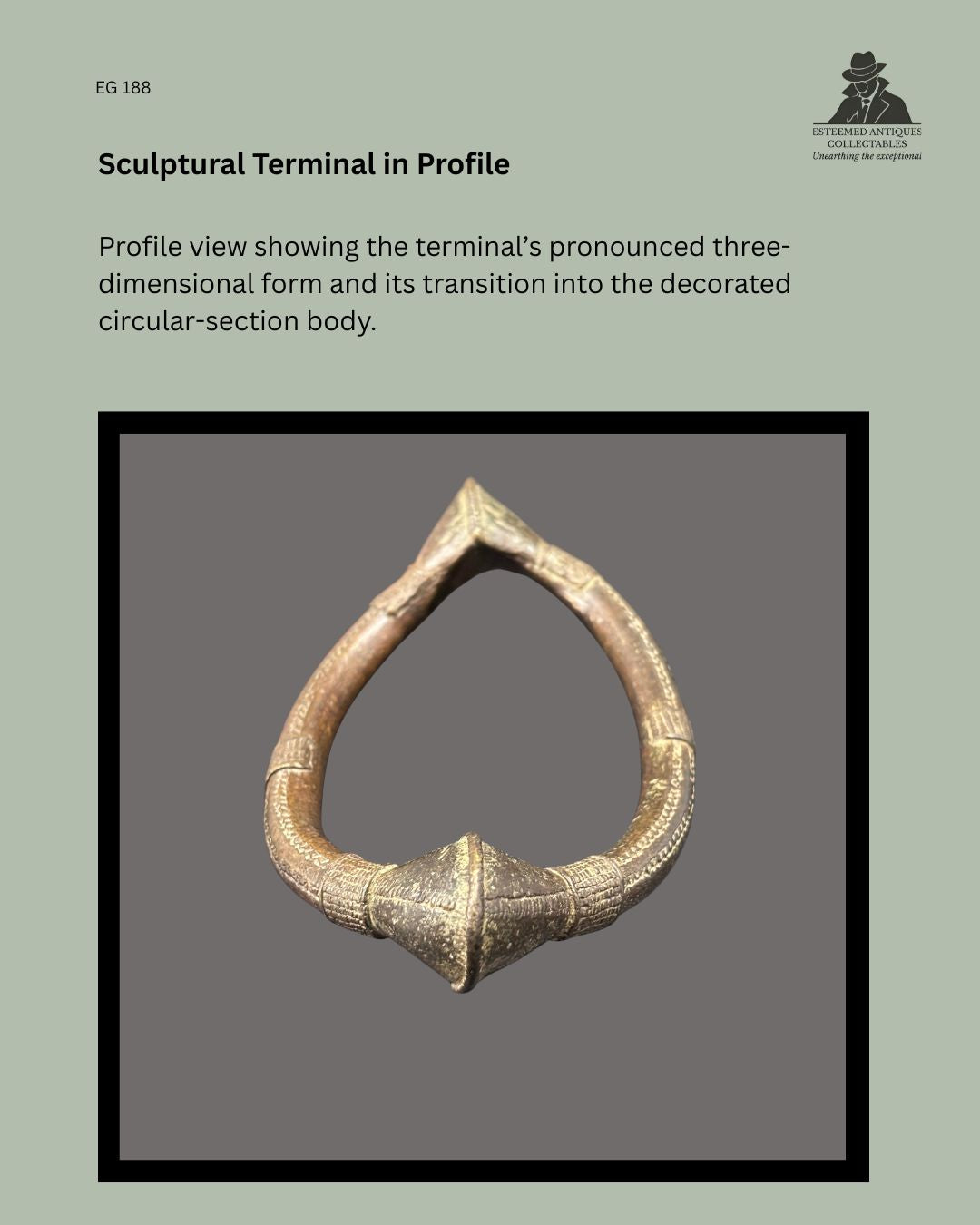 Profile view of West African lost-wax cast copper-alloy prestige anklet EG 188, showing the pronounced three-dimensional terminal and its transition into the finely decorated circular-section body.