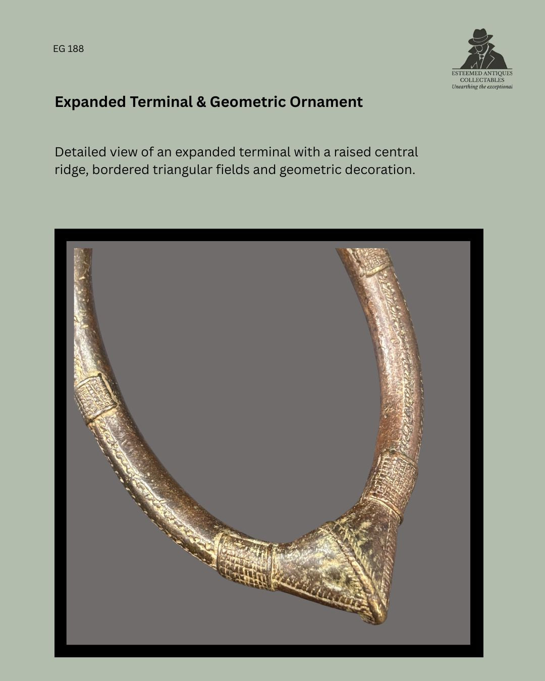 Detail of West African lost-wax cast copper-alloy prestige anklet EG 188, showing the expanded terminal with raised central ridge, bordered triangular fields, crosshatched bands and incised geometric ornament.