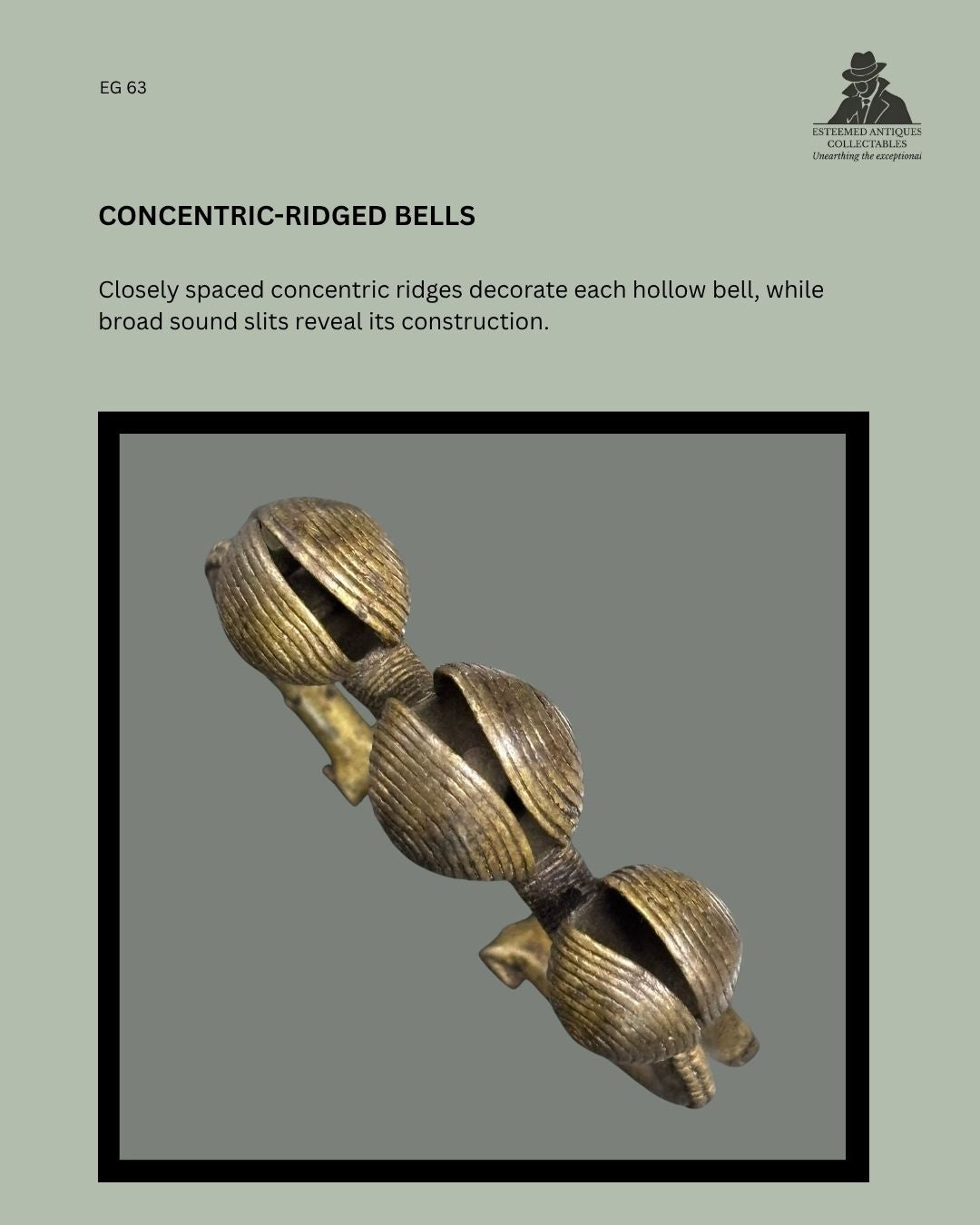 Detail of three hollow copper-alloy bells on West African bracelet EG 63, showing closely spaced concentric ridges and broad sound slits.