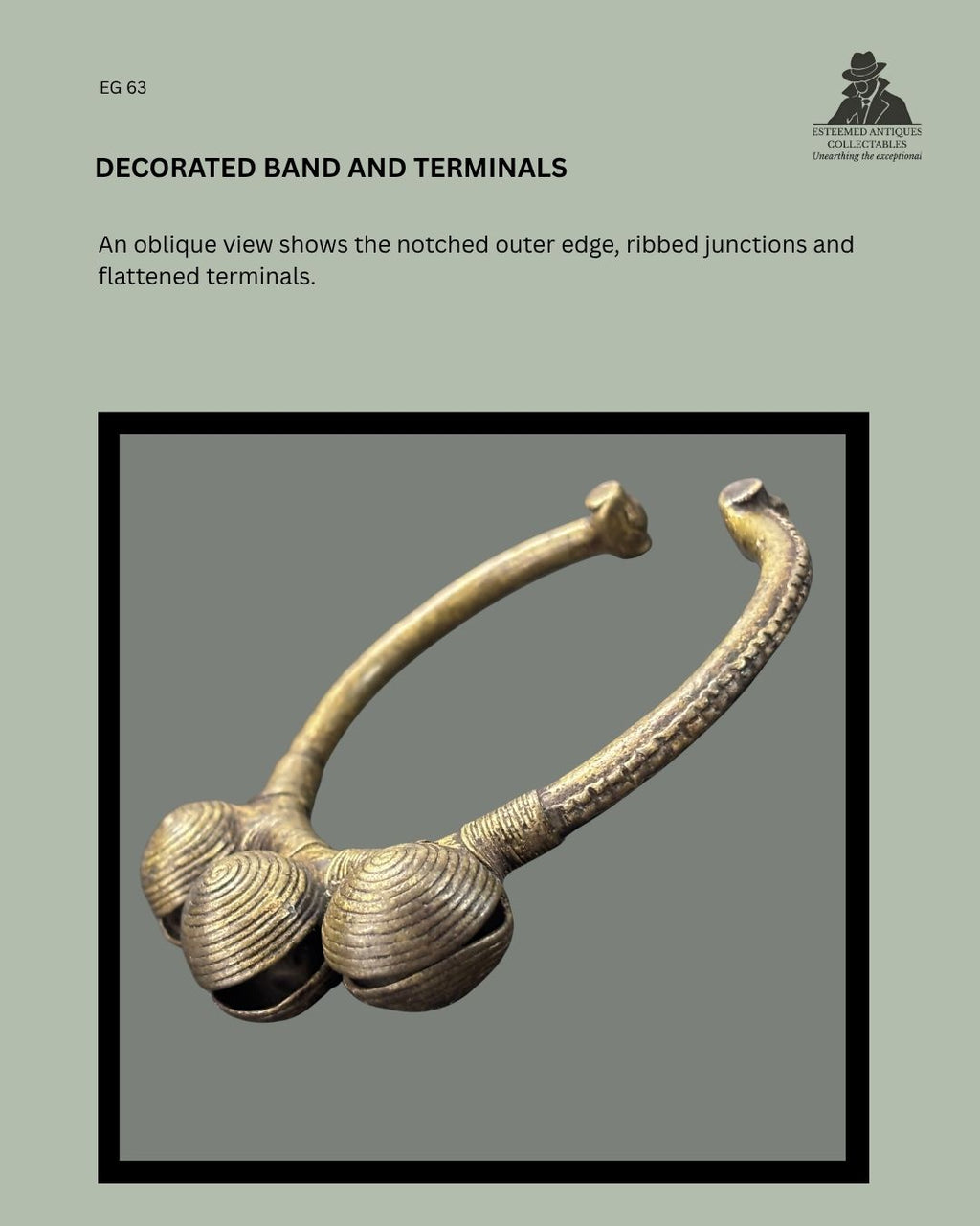 Oblique view of West African copper-alloy three-bell bracelet EG 63, showing the notched outer band, ribbed junctions, flattened terminals and three striated spherical bells.