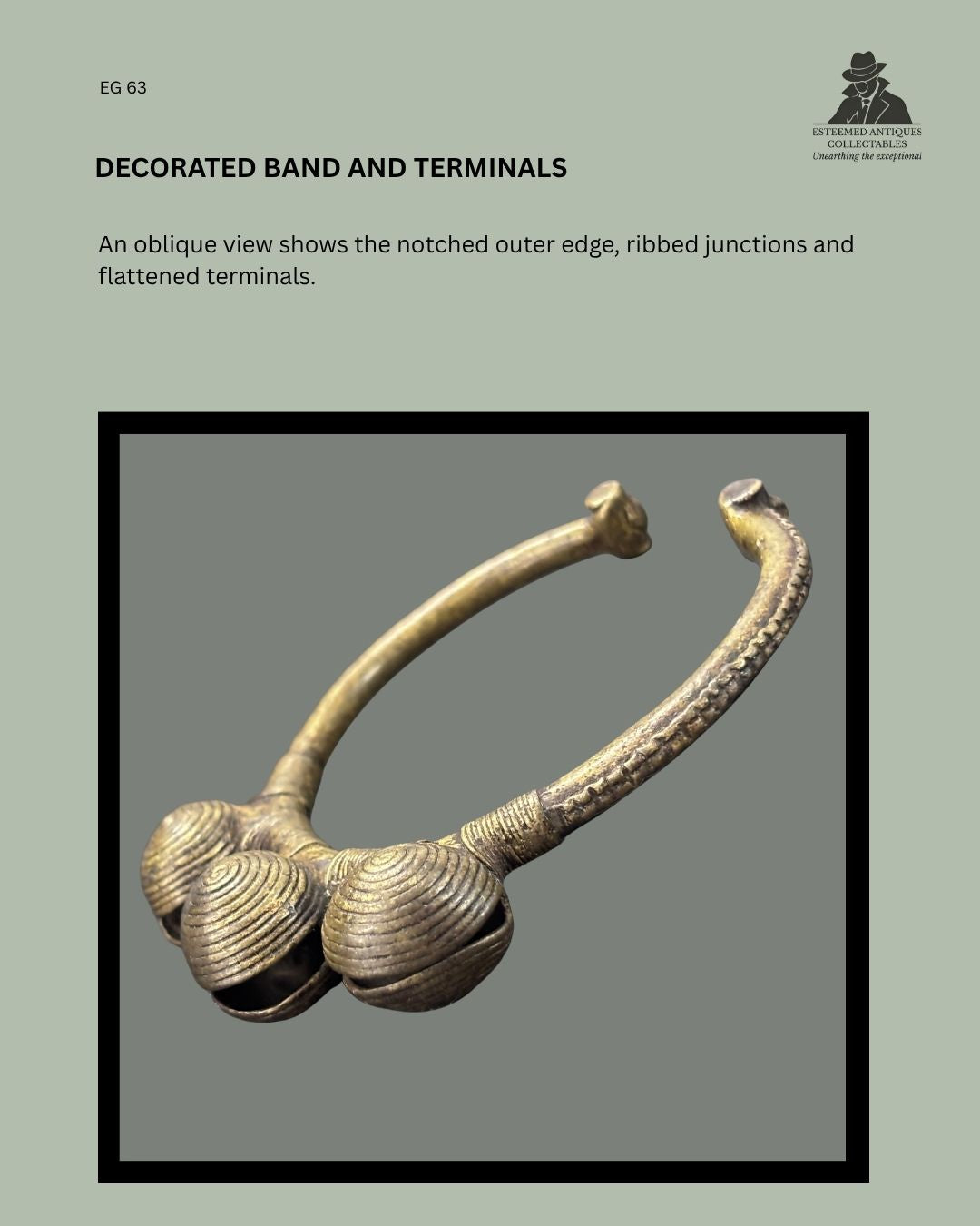 Oblique view of West African copper-alloy three-bell bracelet EG 63, showing the notched outer band, ribbed junctions, flattened terminals and three striated spherical bells.