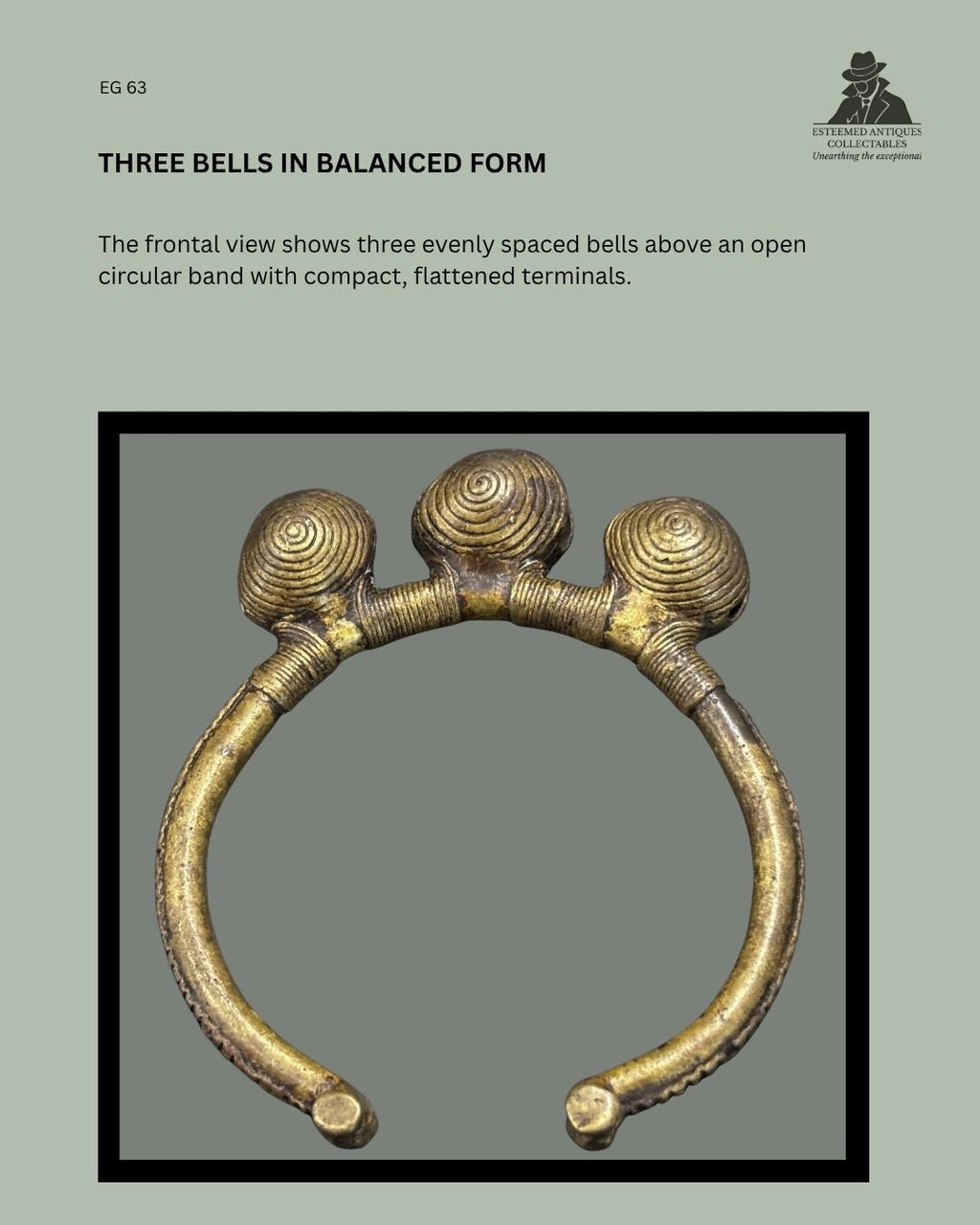 Frontal view of a West African lost-wax-cast copper-alloy bracelet, EG 63, with three evenly spaced spiral-decorated bells above an open circular band and compact flattened terminals.