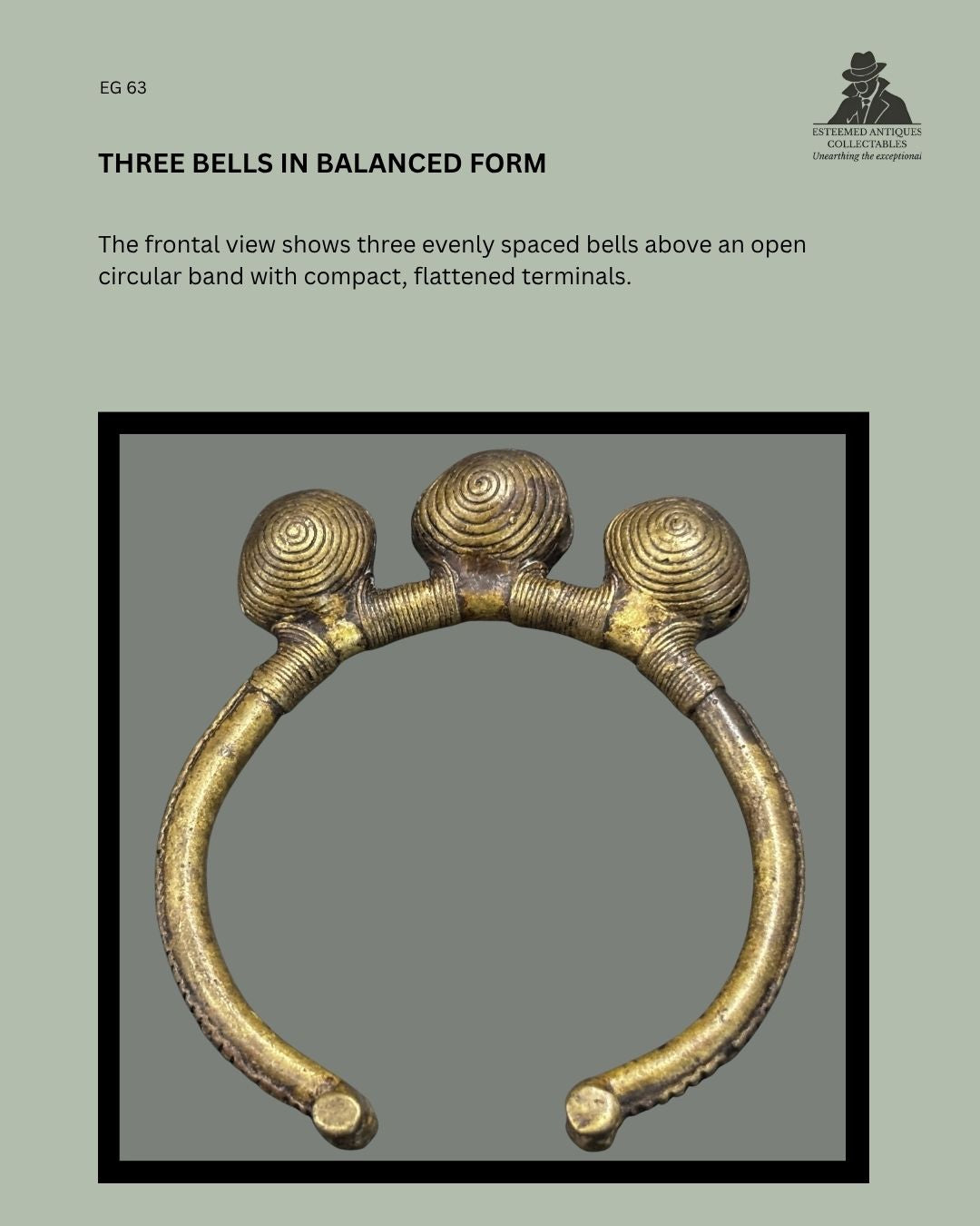 Frontal view of a West African lost-wax-cast copper-alloy bracelet, EG 63, with three evenly spaced spiral-decorated bells above an open circular band and compact flattened terminals.