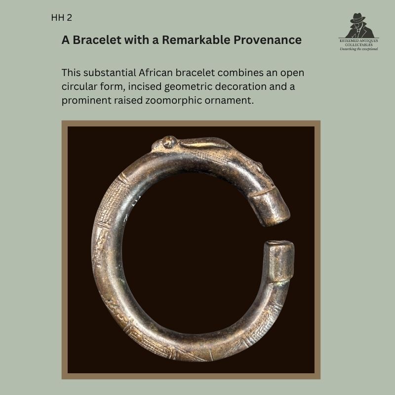Catalogue panel showing HH 2, a substantial open-form West African copper-alloy bracelet with incised geometric decoration and raised zoomorphic ornament, formerly collected by Hans Himmelheber.