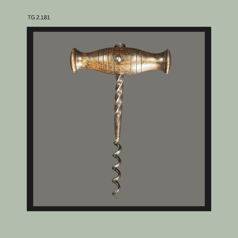 Antique wooden T-handle corkscrew with turned barrel-form handle, steel twisted shaft, and tapered helical worm from the Thomas Guenther Collection.
