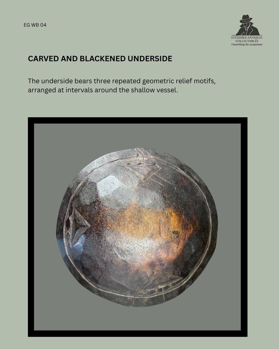 Blackened underside of a Zulu-attributed wooden ugqoko food dish from South Africa, showing three repeated carved geometric relief motifs around the shallow vessel.