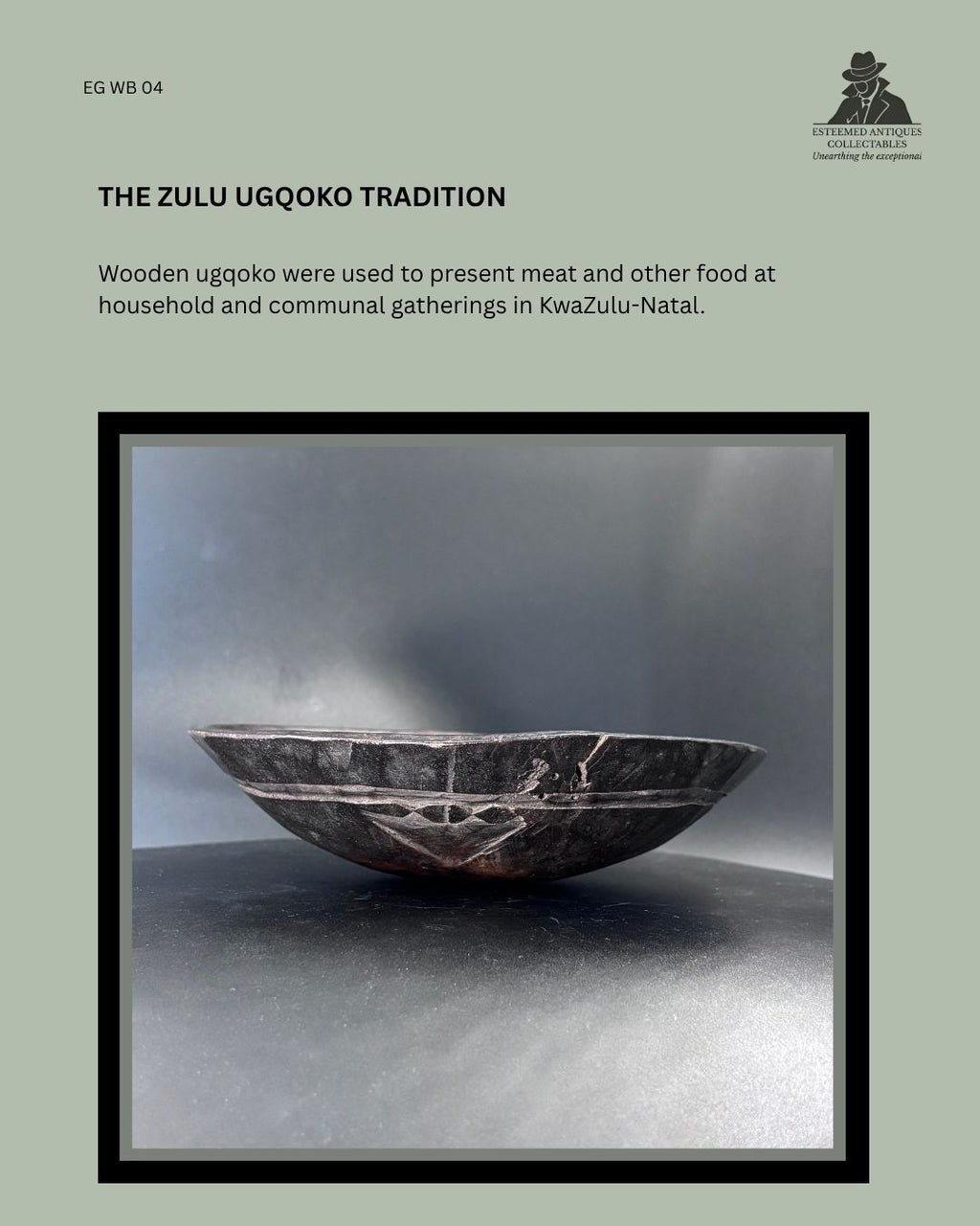 Catalogue panel showing a side view of a Zulu-attributed carved wooden ugqoko food dish, traditionally used to present meat and other food at household and communal gatherings in KwaZulu-Natal.