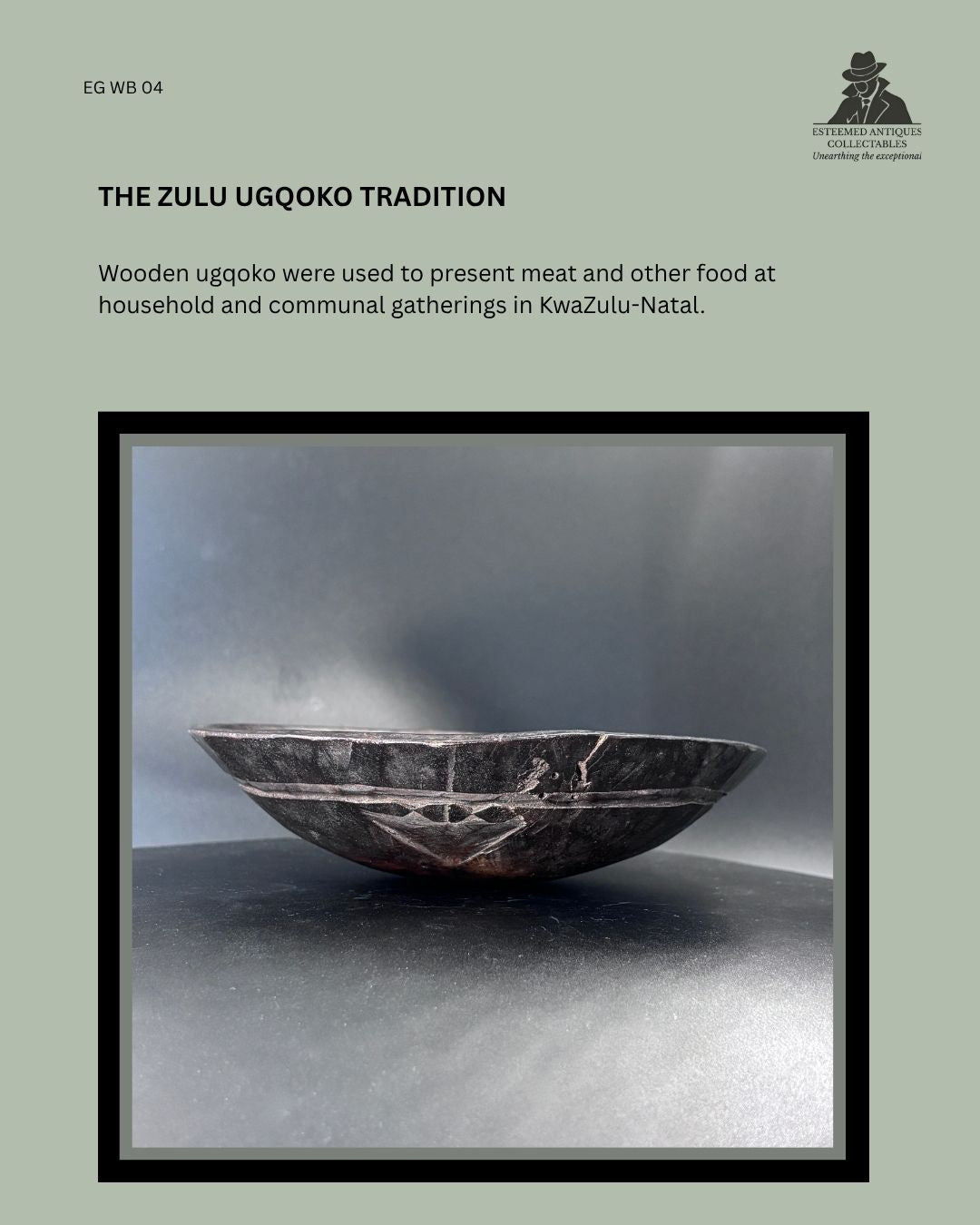 Catalogue panel showing a side view of a Zulu-attributed carved wooden ugqoko food dish, traditionally used to present meat and other food at household and communal gatherings in KwaZulu-Natal.