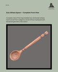 Complete front view of a Zulu-attributed ukhezo long-handled serving spoon, hand-carved from South African hardwood with blackened geometric bands.