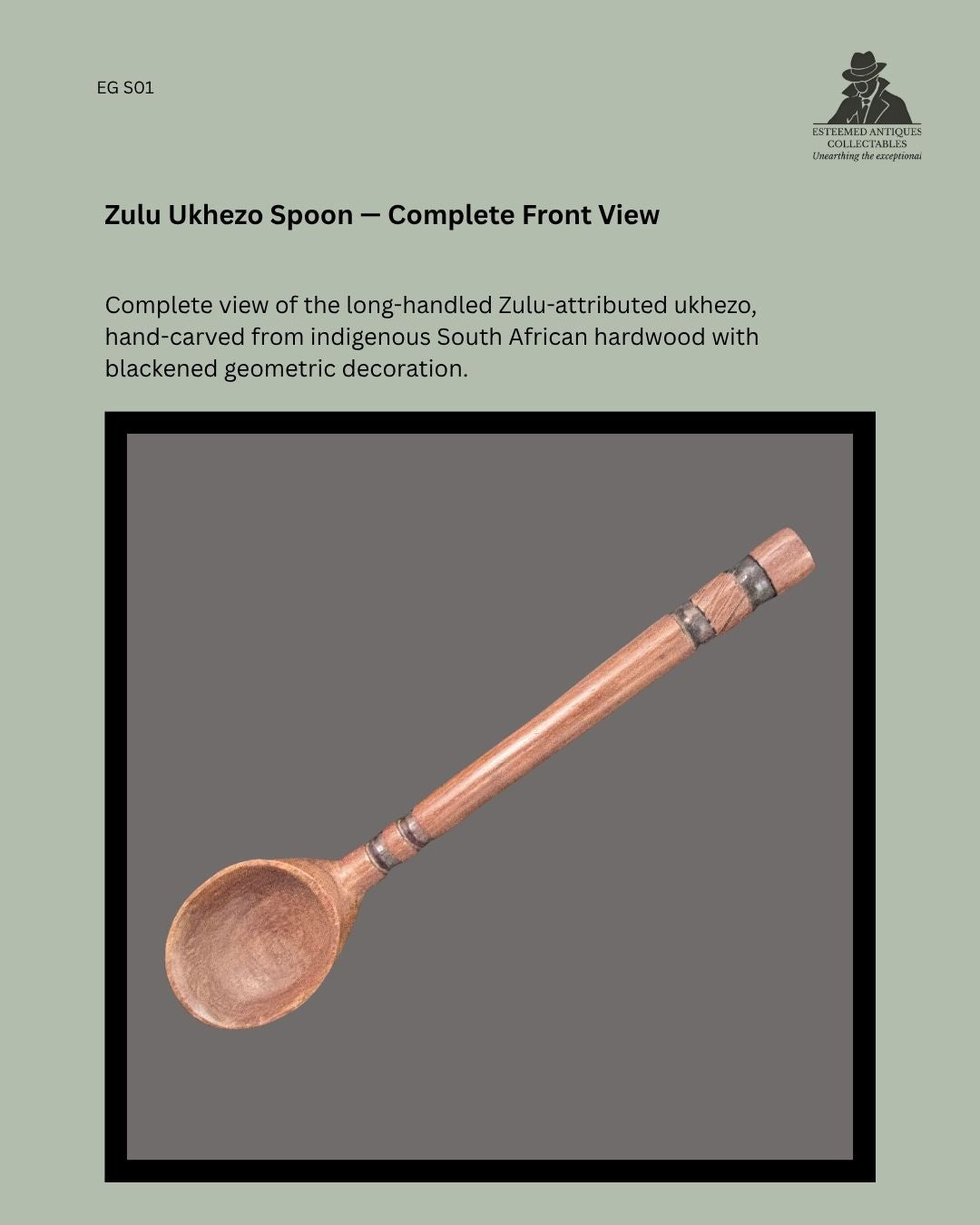 Complete front view of a Zulu-attributed ukhezo long-handled serving spoon, hand-carved from South African hardwood with blackened geometric bands.