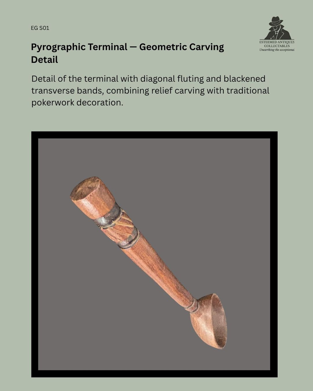 Detail view of the carved terminal on a Zulu-attributed ukhezo wooden serving spoon, showing diagonal fluting and blackened transverse pokerwork bands.