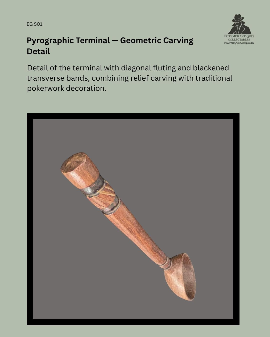Detail view of the carved terminal on a Zulu-attributed ukhezo wooden serving spoon, showing diagonal fluting and blackened transverse pokerwork bands.